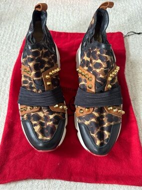 Christian Louboutin Leopard Print Studded Slip-On Sneakers - Black, Brown, Tan